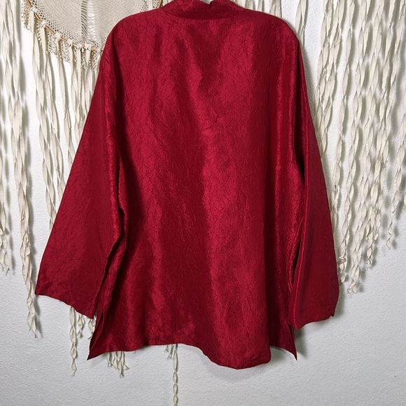 Eileen Fisher Woman Red Crinkle Silk Mandarin Collar Button Down Shirt Jacket 3X - Picture 8 of 12